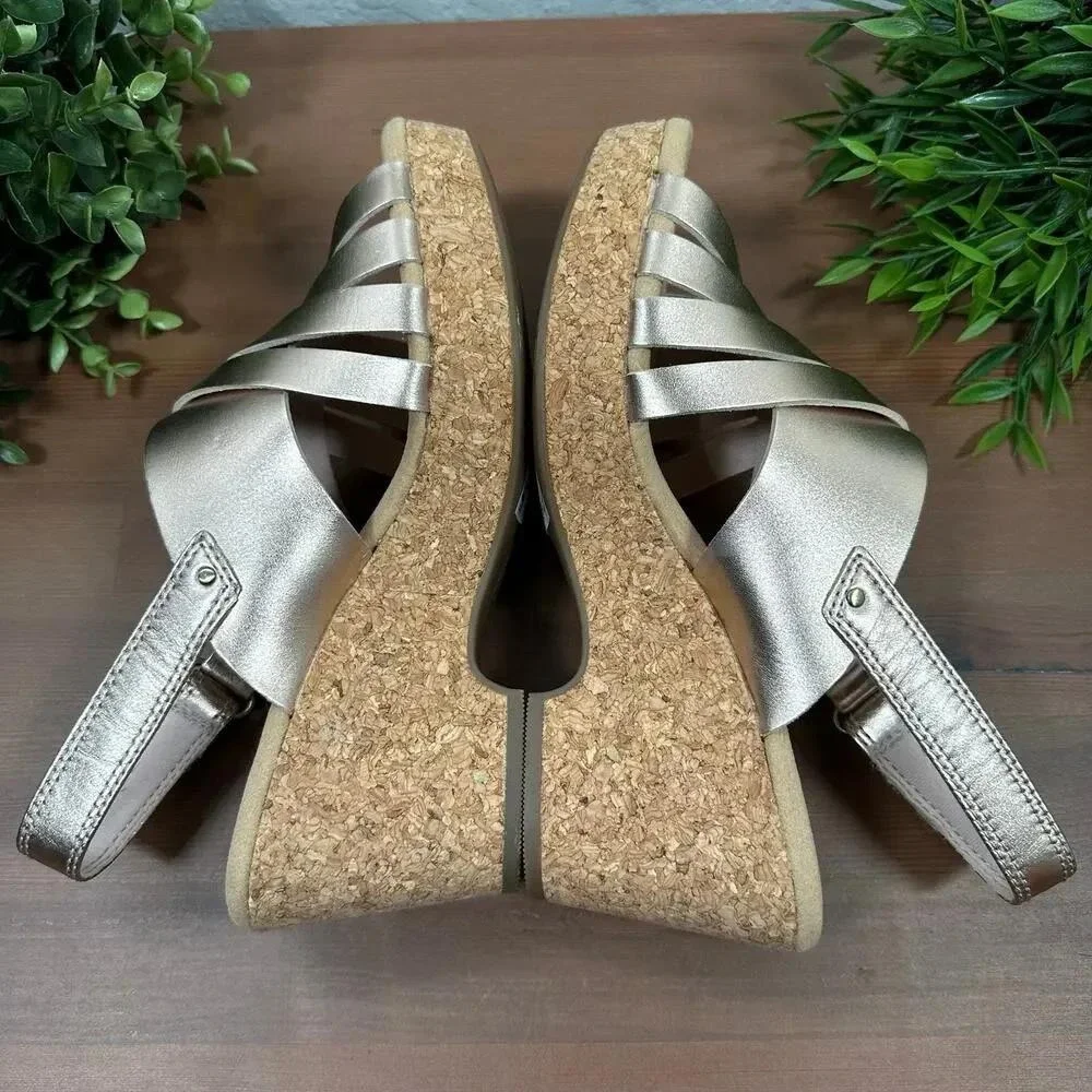 Clarks Giselle Glow Woven Leather Strappy Cork Wedge Sandals Rose Gold Size 8